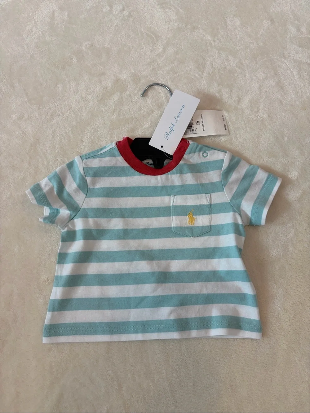 Ralph Lauren Striped Short-Sleeve Tee in Aqua, White & Red Trim